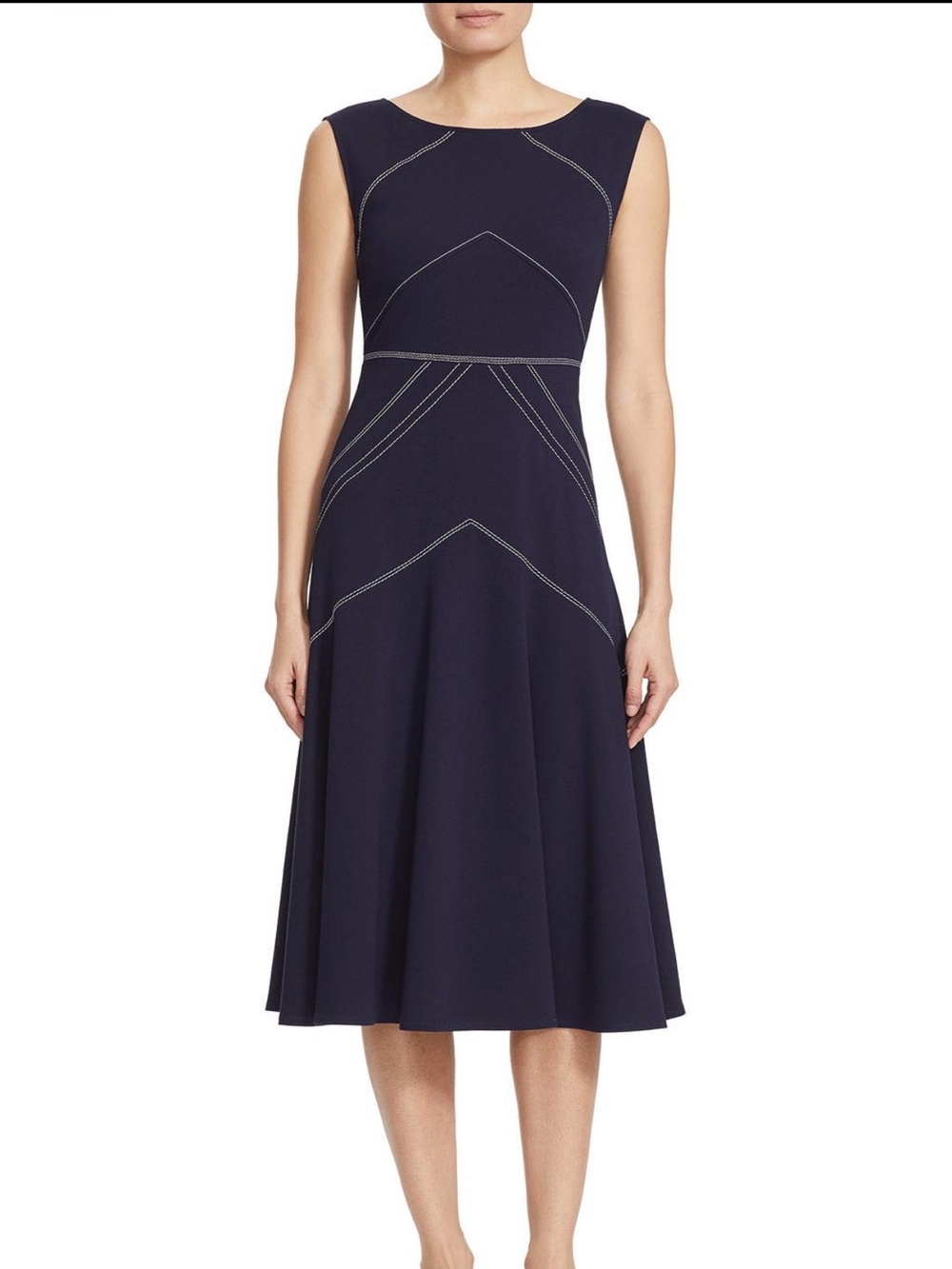 Lafayette 148 Navy Natasha Dress Contrast Stitching Fit & Flare Size 10